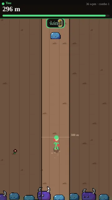 Slime Stampede showing a 250 m milestone banner that reads "keep running!", with distance, WPM and combo in the status bar