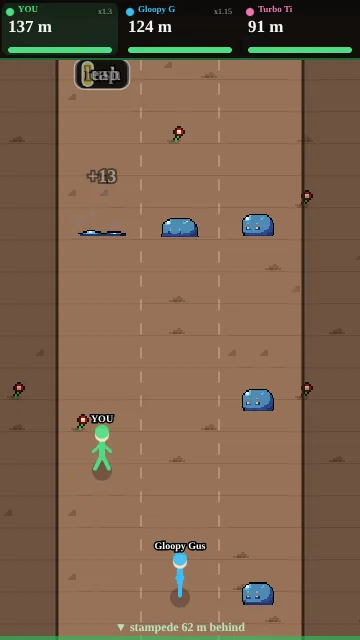 Slime Stampede Party mode with three runners in separate lanes and a bar saying the stampede is 62 m behind