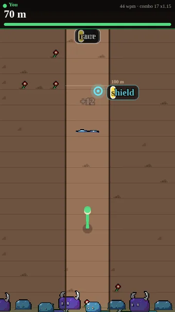 A cyan shield item labelled "shield" beside the dirt road in Slime Stampede