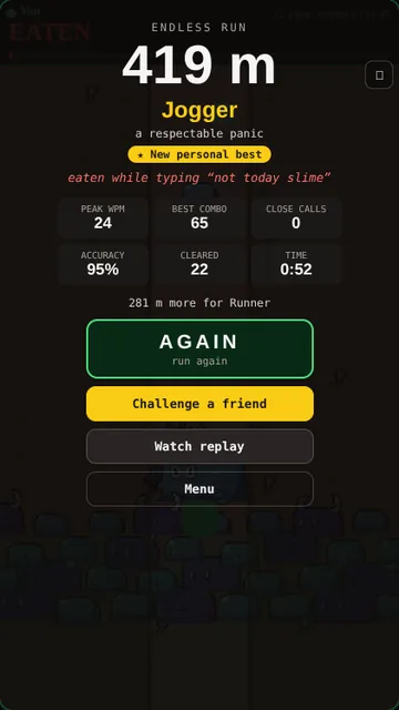 Slime Stampede run result card showing 419 m, the rank Jogger, a new personal best, stats, and buttons to run again or challenge a friend