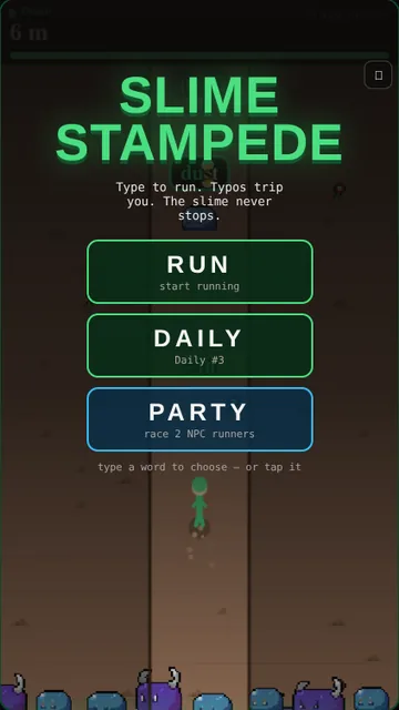Slime Stampede title screen with RUN, DAILY and PARTY buttons above a runner and a horde of slimes