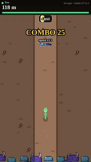 Mid-run in Slime Stampede: the runner clears the word "dust" while a COMBO 25 banner shows a x1.3 multiplier
