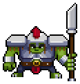 Jefe Orco acorazado con armadura de placas y lanza en pixel art del juego de mecanografía Zombie Shooter