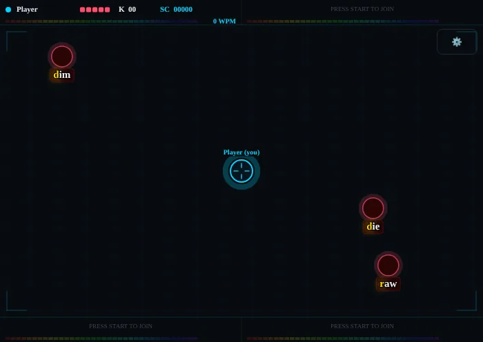 Estilo minimalista de Zombie Shooter: círculos rojos luminosos con palabras sobre un tablero oscuro que se acercan a la mira del jugador