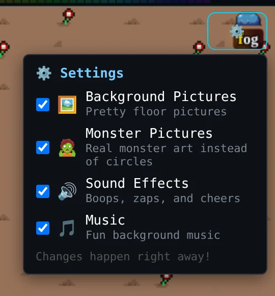 El menú de ajustes con imágenes de fondo, imágenes de monstruos, efectos de sonido y música
