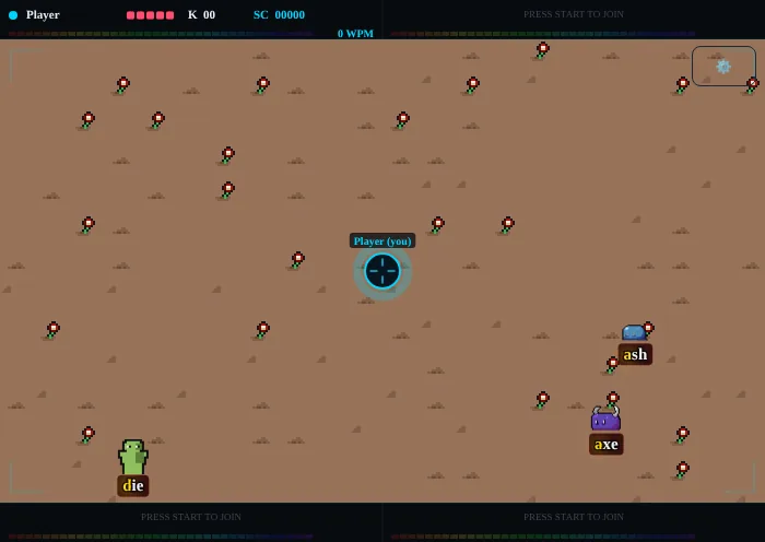 Estilo con sprites de Zombie Shooter: suelo de mosaicos, un zombi verde, un slime y un slime con cuernos caminando hacia la mira cian del jugador
